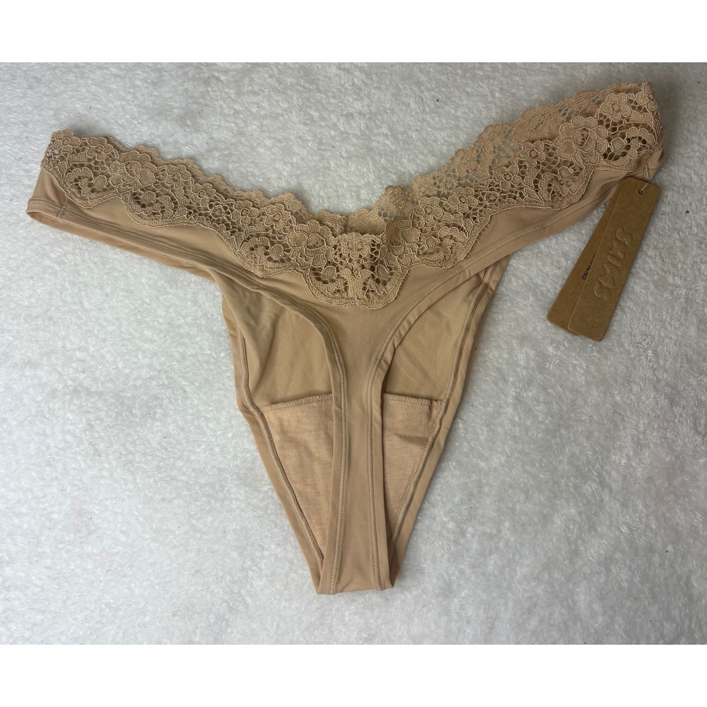 SKIMS Fits Everybody Lace Dipped Thong Clay Tan NWT PN-THG-2683 Size L - Picture 3 of 3